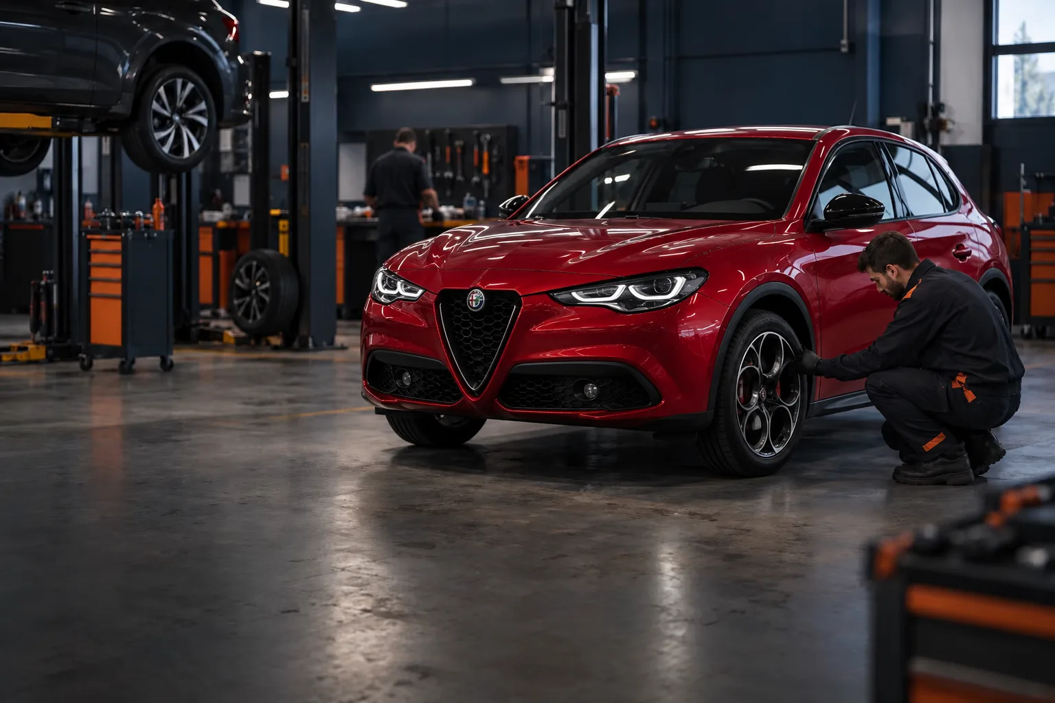 Fark Oto Servis | Fark 1 Otomotiv servisinde bakıma hazırlanan kırmızı Alfa Romeo otomobil