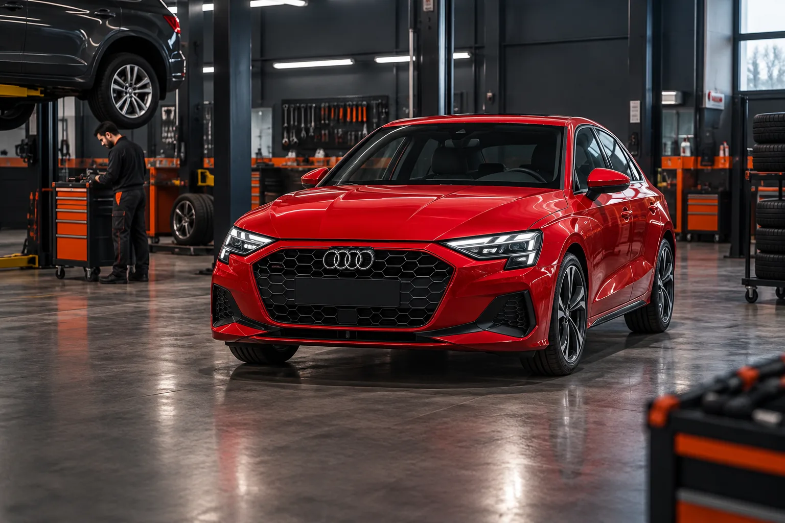 Fark Oto Servis | Fark 1 Otomotiv servisinde bakıma hazırlanan kırmızı Audi otomobil