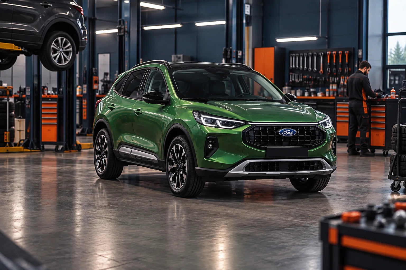 Fark Oto Servis | Fark 1 Otomotiv servisinde bakıma hazırlanan yeşil Ford otomobil
