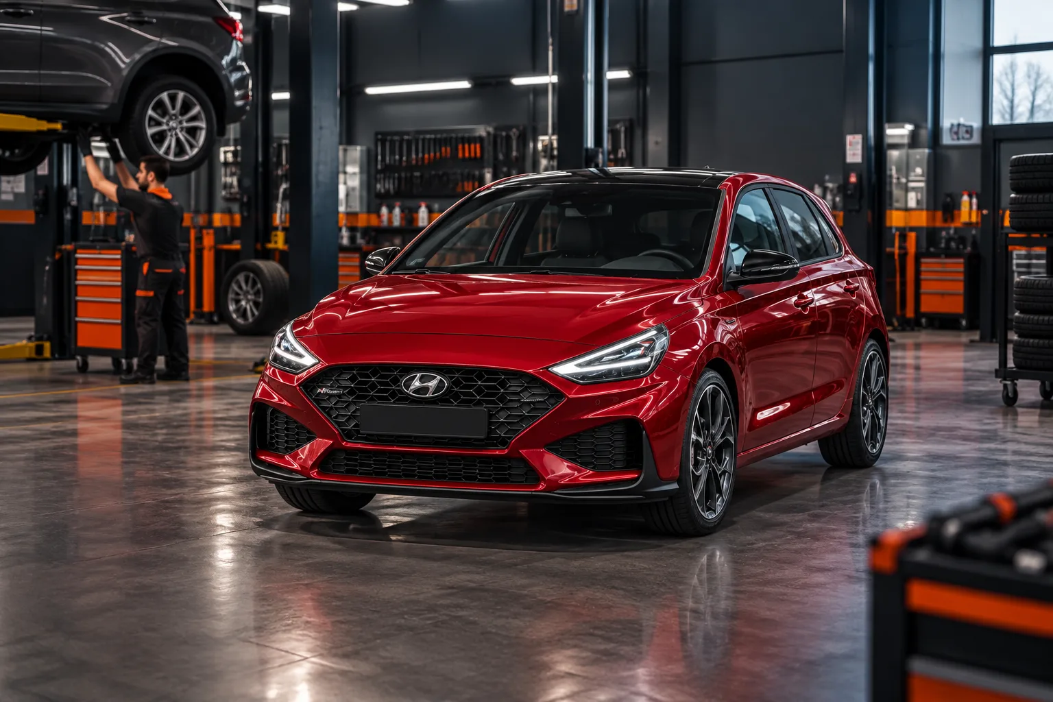 Fark Oto Servis | Fark 1 Otomotiv servisinde bakıma hazırlanan kırmızı Hyundai otomobil