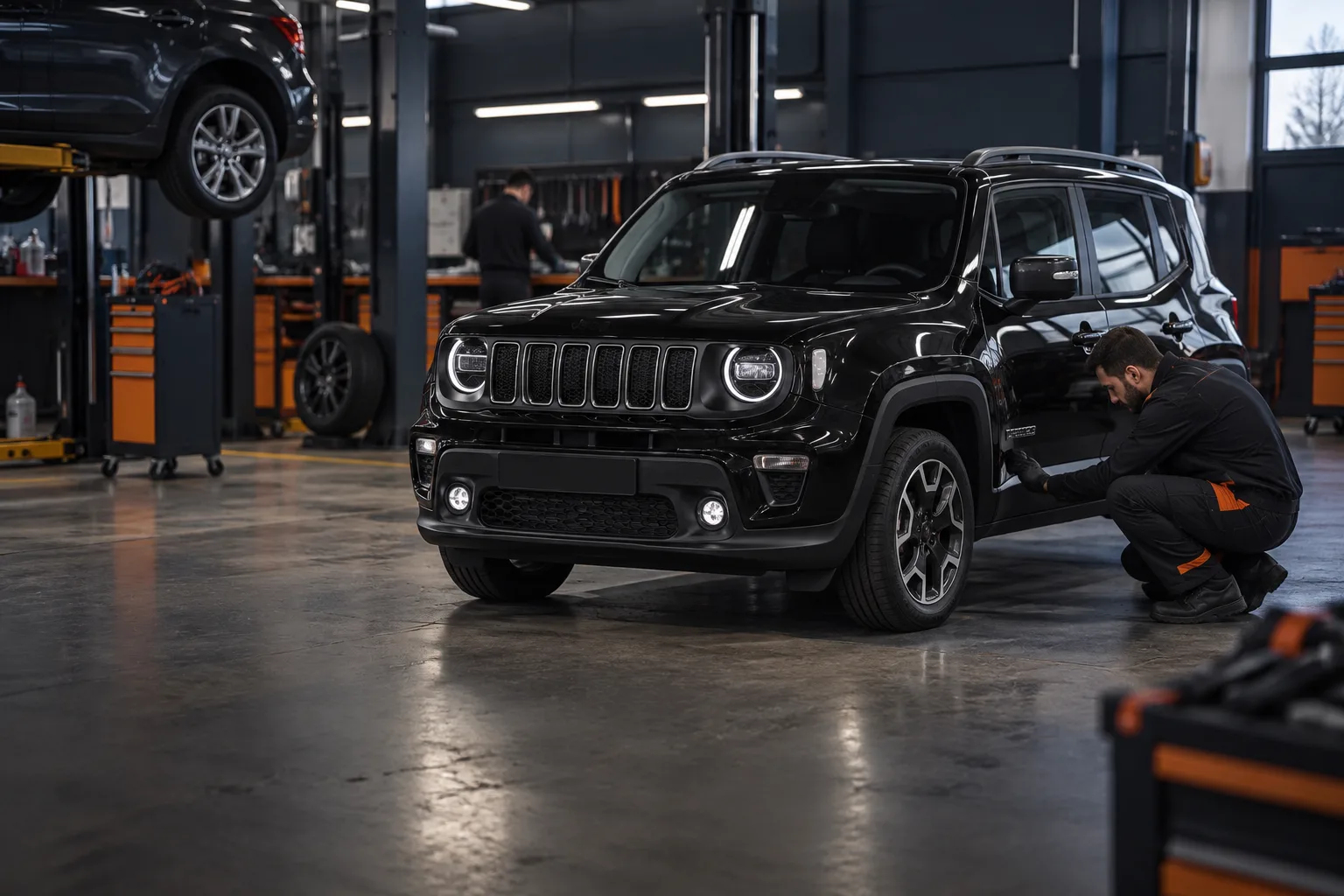 Fark Oto Servis | Fark 1 Otomotiv servisinde bakıma hazırlanan siyah Jeep otomobil