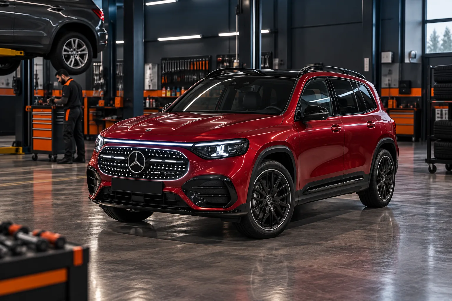 Fark Oto Servis | Fark 1 Otomotiv servisinde bakıma hazırlanan kırmızı Mercedes-Benz otomobil