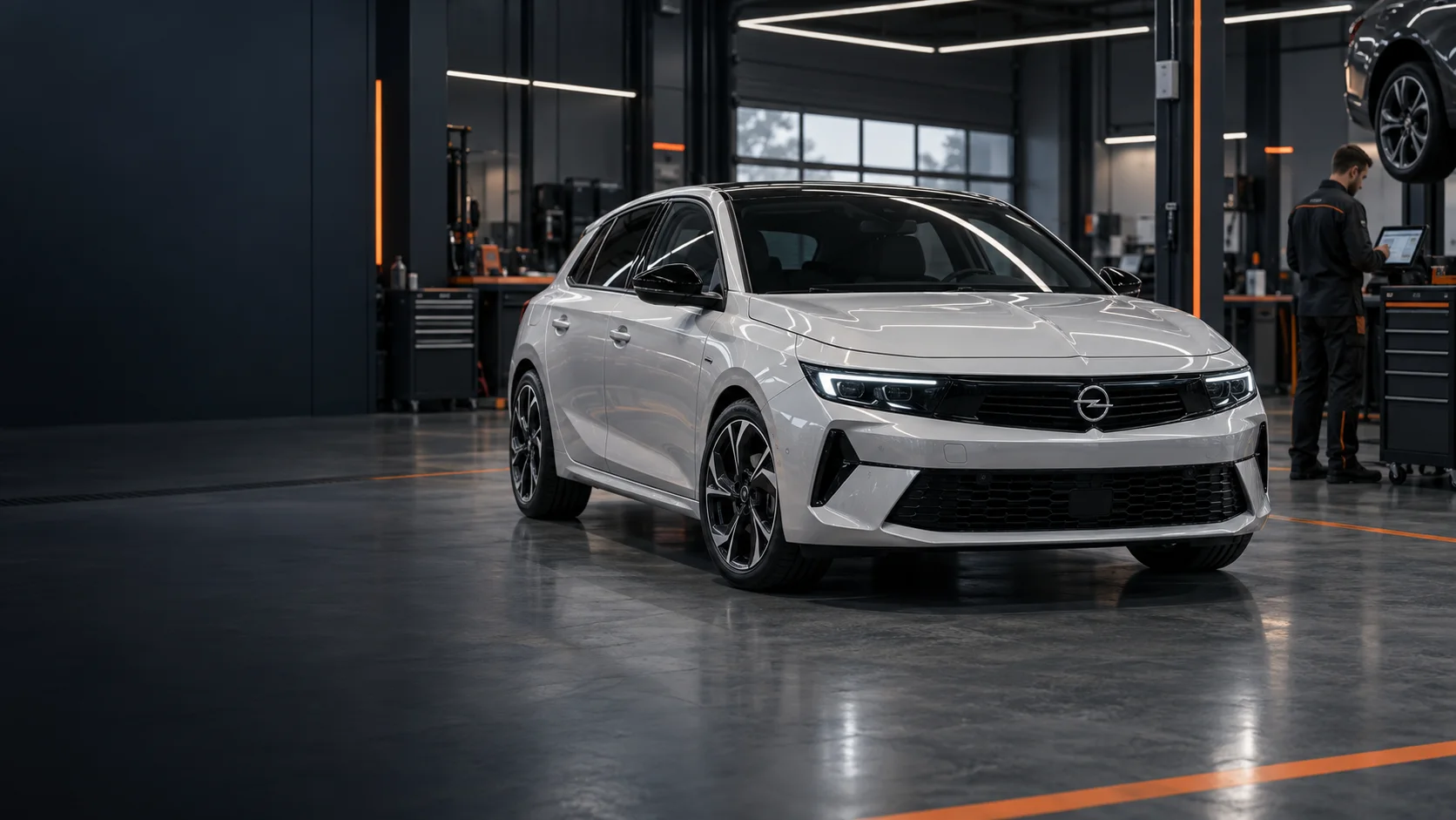 Dijital arıza tespiti yapılan beyaz Opel otomobil ve servis teknisyeni