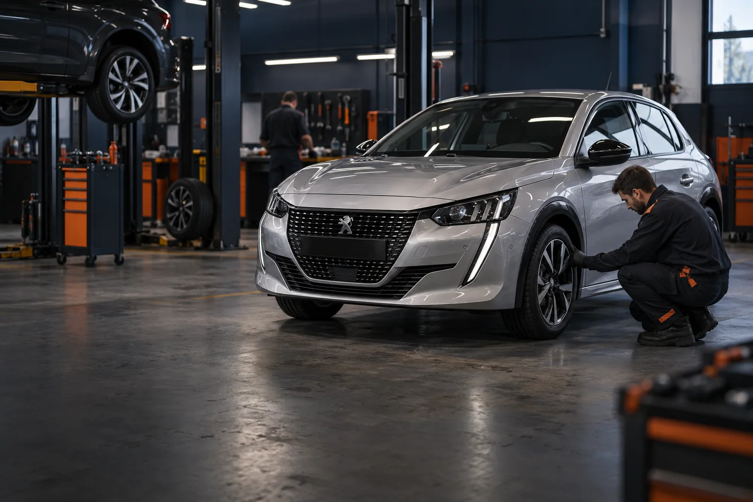 Fark Oto Servis | Fark 1 Otomotiv servis alanında bakıma hazırlanan gümüş Peugeot otomobil