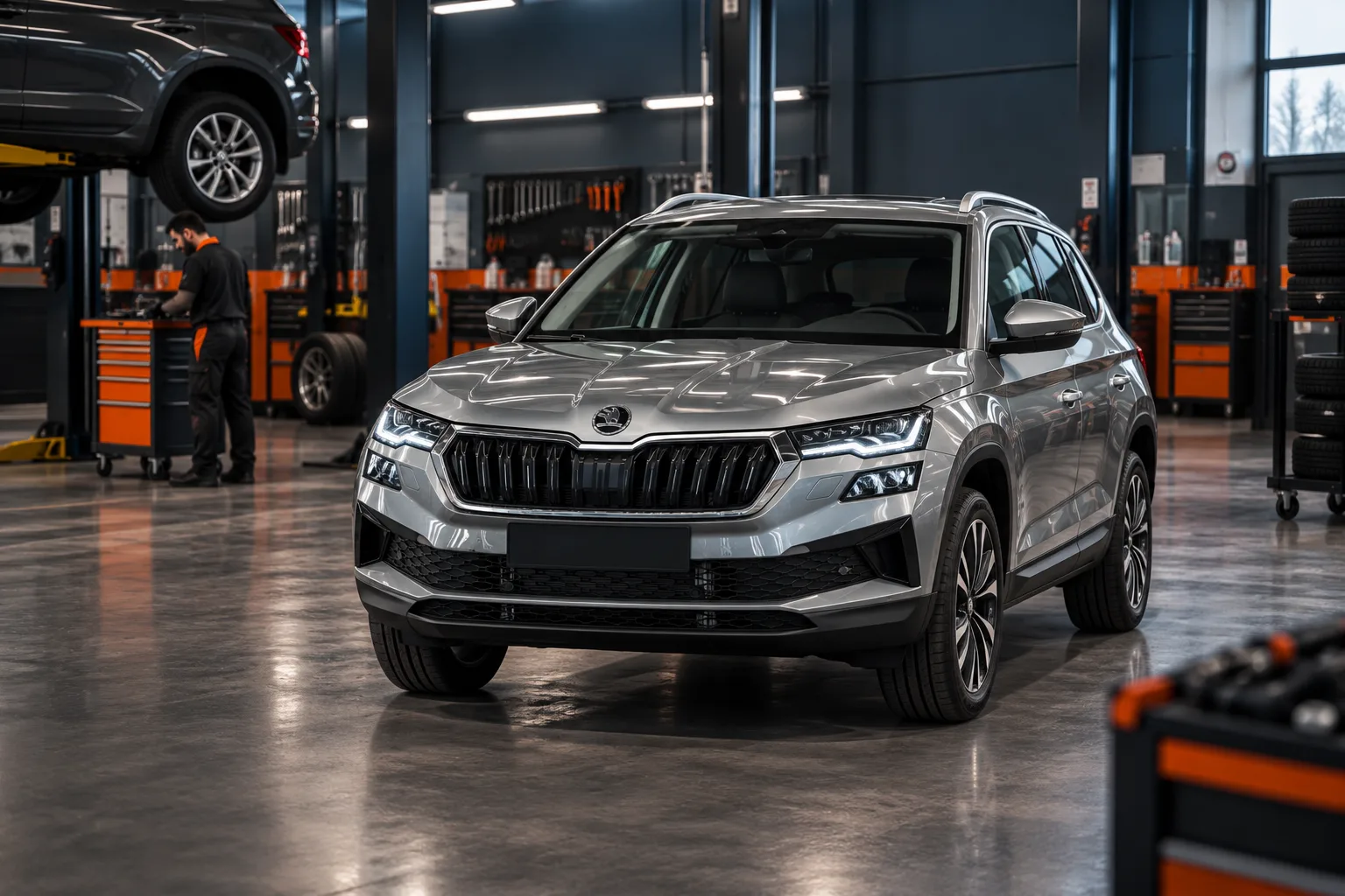 Fark Oto Servis | Fark 1 Otomotiv servisinde bakıma hazırlanan gri Škoda otomobil