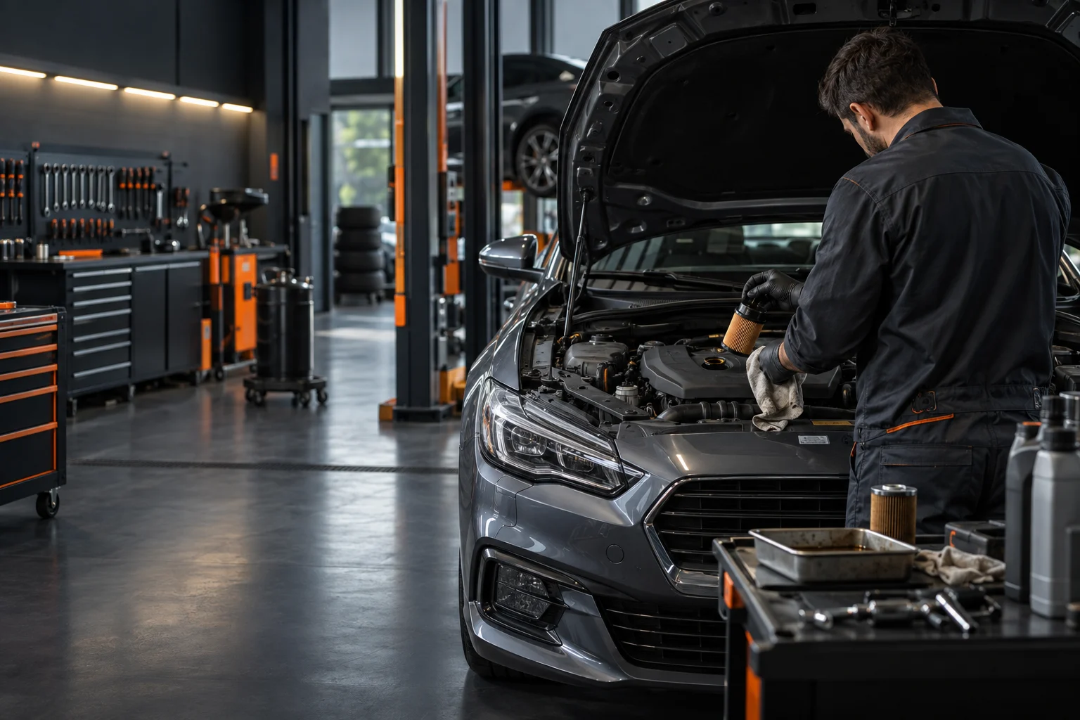 Periyodik bakımda filtre ve motor sıvılarını kontrol eden servis teknisyeni