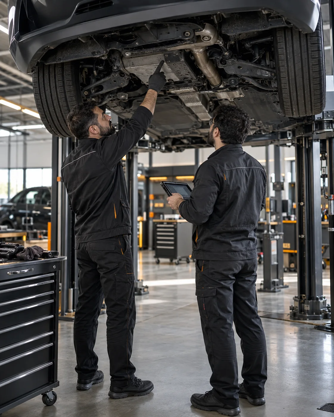 Otomobilin alt sistemlerini kontrol eden teknik servis ekibi
